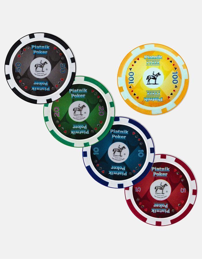 Set poker profesional Piatnik cu 300 jetoane de cazinou (14 grame), 2 pachete carti de joc, 5 zaruri, buton dealer