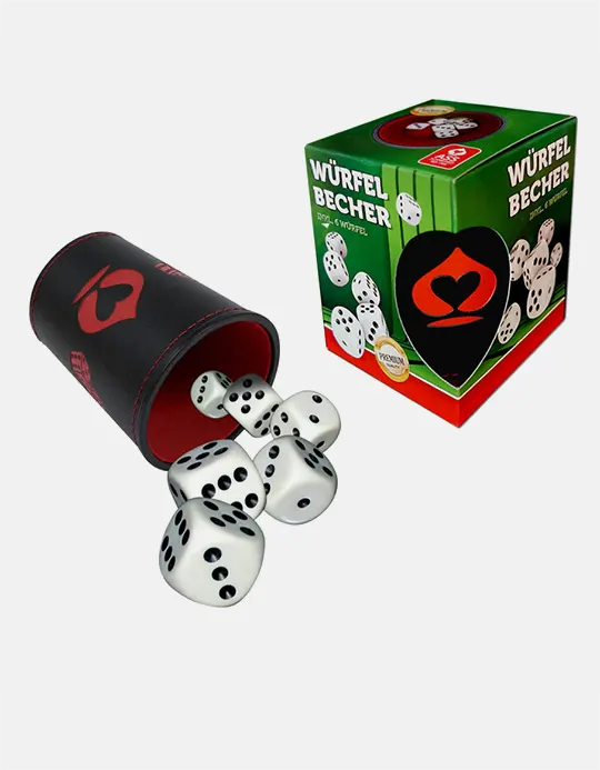 Cupa din piele ecologica si 6 zaruri de 16 mm