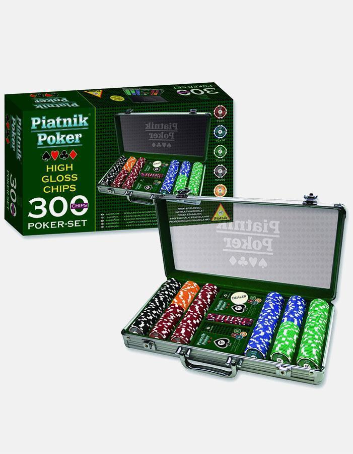 Set poker profesional Piatnik cu 300 jetoane de cazinou (14 grame), 2 pachete carti de joc, 5 zaruri, buton dealer